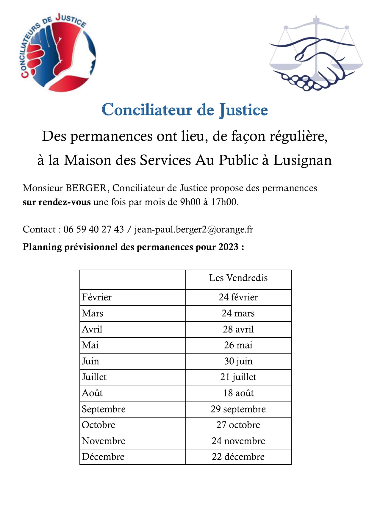 Conciliateur de Justice Permanences 2023